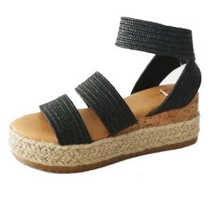Bamboo Cork Espadrille Wedge Sandals with Black knitted straps. Womens Shoe 6.5